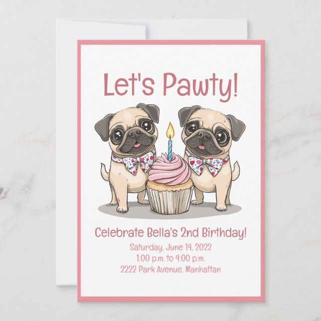 Let's Pawty Birthday Pug Dogs Cupcake Invitation (Front)