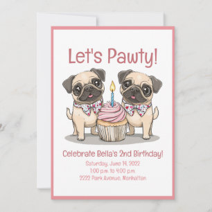 Let's Pawty Birthday Pug Dogs Cupcake Invitation
