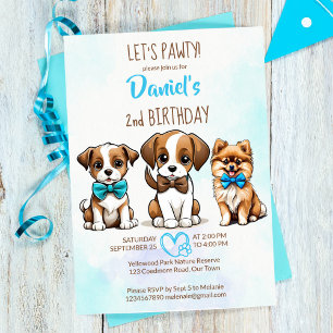Let's pawty brown blue cute puppies birthday invitation