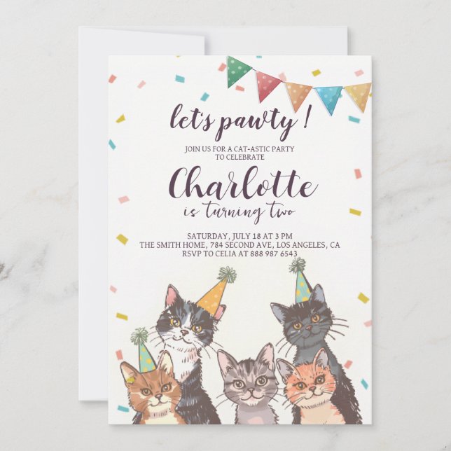 Let's pawty Cat birthday Invitation (Front)