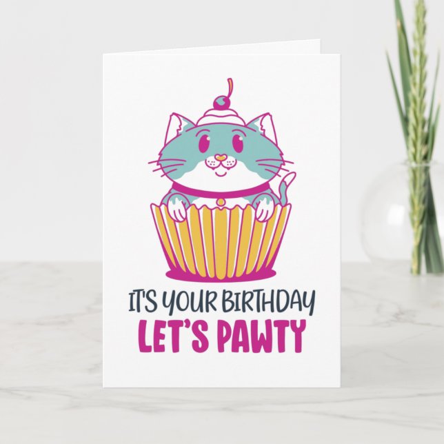 Let's Pawty Cupcake Kitten Funny Cat Birthday Card (Front)