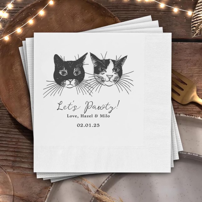 Let's Pawty Custom Cat Drawn Cocktail Wedding Napkin (Creator Uploaded)