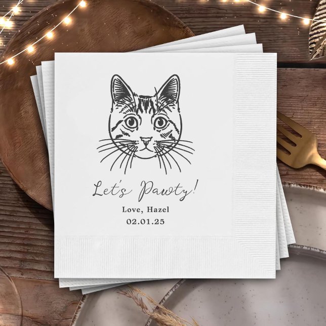 Let's Pawty Custom Cat Drawn Cocktail Wedding Napkin (Creator Uploaded)
