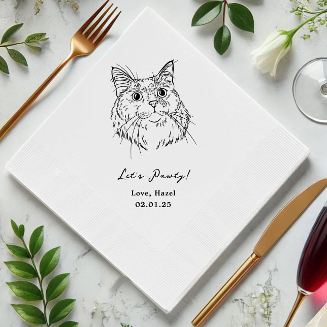 Let's Pawty Custom Cat Drawn Cocktail Wedding Napkin (Creator Uploaded)
