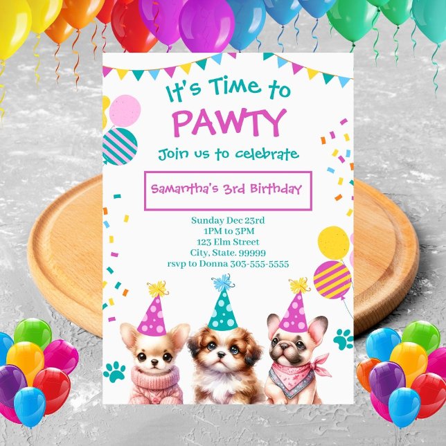 Let's Pawty Cut Puppy Girl Birthday Invitation (Creator Uploaded)