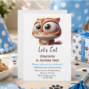 Let's Pawty! Cute Cat 2nd Birthday Party  Invitation