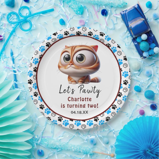 Let's Pawty! Cute Cat 2nd Birthday Party Paper Plate (Party)