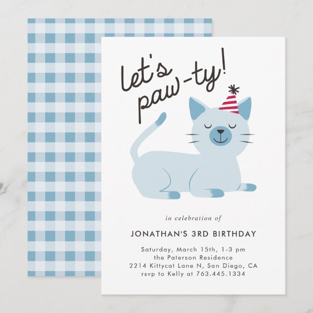 Lets Pawty Cute Kitty Cat Blue Birthday Party Invitation (Front/Back)