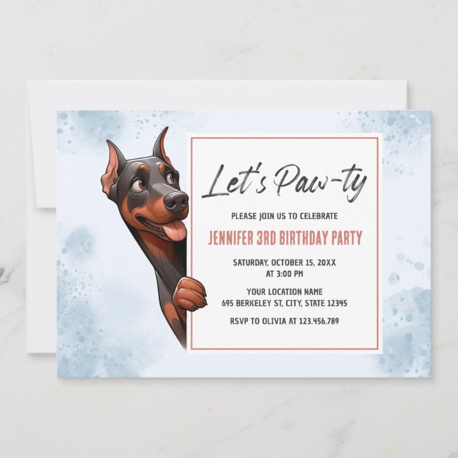 Let's Pawty Doberman Dog Birthday Invitation (Front)