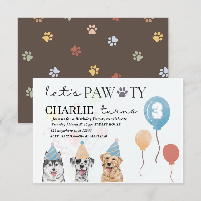 let's pawty dog birthday invitation (Front/Back)