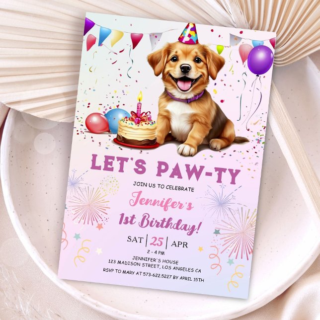Lets Pawty Dog Birthday Party Girl 1st Birthday Invitation (Creator Uploaded)