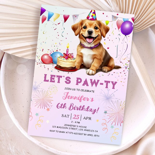 Lets Pawty Dog Birthday Party Girl 6th Birthday Invitation (Creator Uploaded)