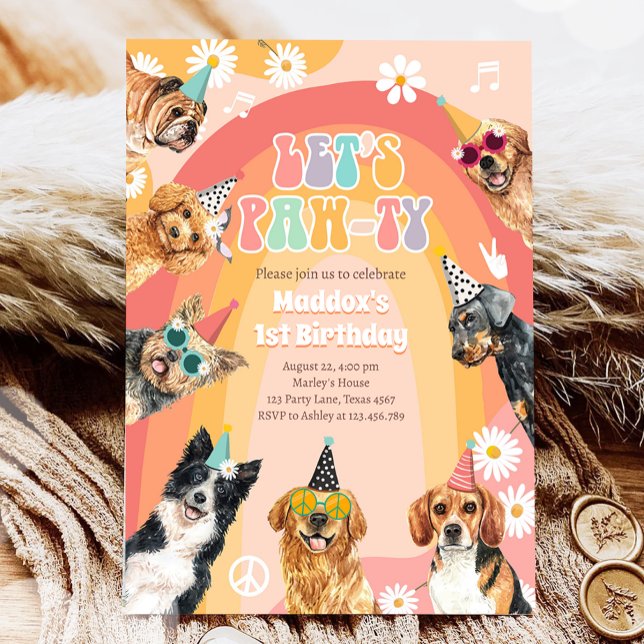Let's Pawty Dog Retro Groovy Boy Birthday Invitation (Creator Uploaded)