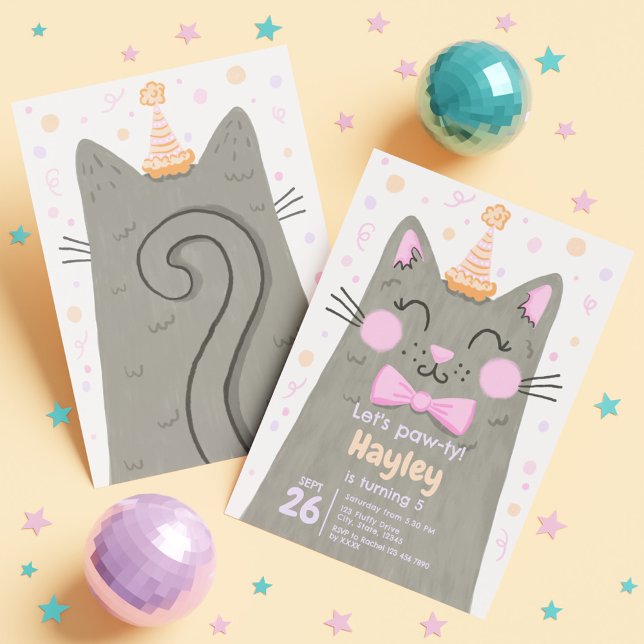 Lets Pawty Grey Cute Kitty Cat Face Birthday Party Invitation (Lets Pawty Grey Cute Kitty Cat Face Birthday Party Invitation)