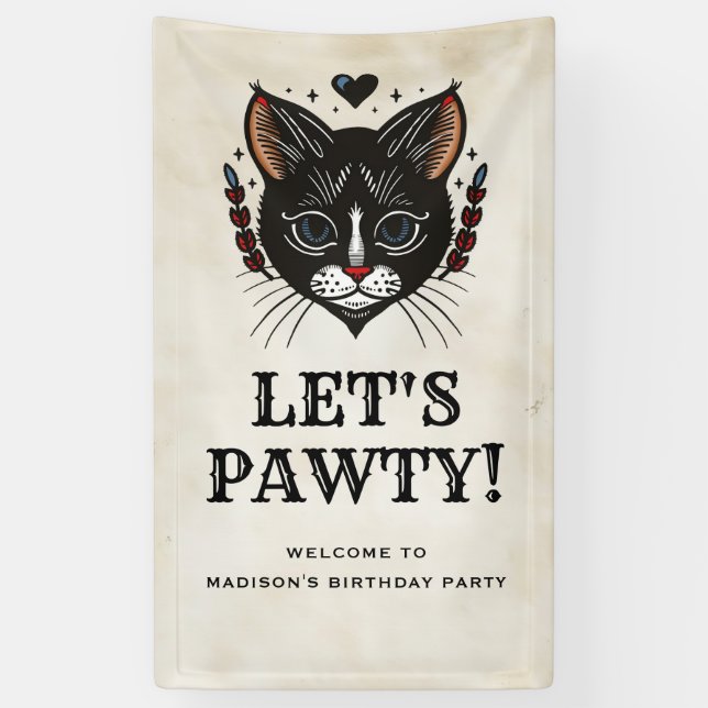 Let's Pawty Kitten Cat Rockabilly Birthday Welcome Banner (Vertical)