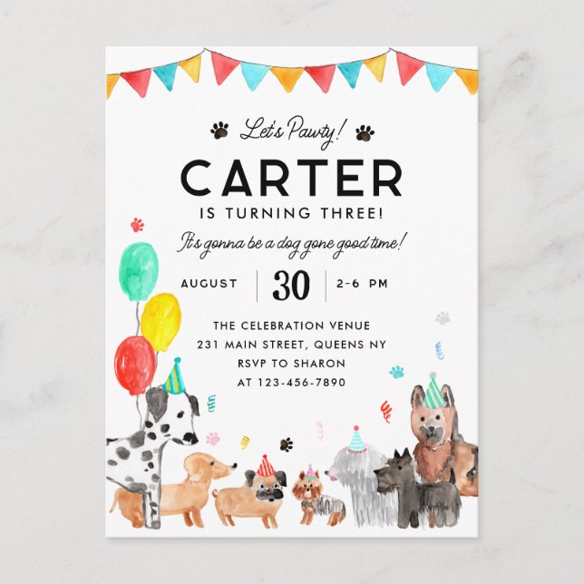Let's Pawty Party Animal Kids Puppy Dog Birthday Postcard (Front)