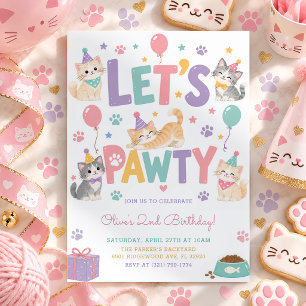 Let's Pawty Pastel Kitty Cat Girls Birthday Party Invitation