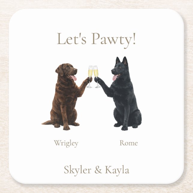Let's Pawty! Personalised 2 Pets Toasting Wedding Square Paper Coaster (Front)