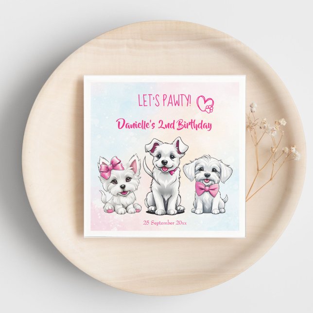 Let's pawty pink cute puppies birthday printed napkin (Let's pawty pink cute white puppies with pink bows birthday party printed napkins personalized decor)