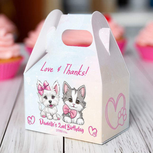 Let's pawty pink cute puppy and kitty birthday favour box (Let's pawty pink cute puppy and kitty birthday party personalized printed favor box pets party favor)
