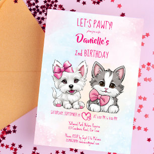 Let's pawty pink cute puppy and kitty birthday invitation