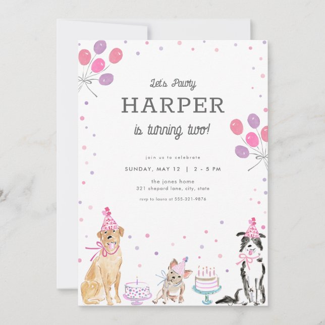 Let's Pawty Pink Girl Dog Birthday Invitation (Front)