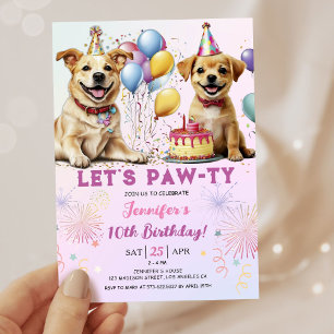 Lets Pawty Puppy Birthday Party Girl 10th Birthday Invitation