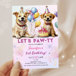 Lets Pawty Puppy Birthday Party Girl 3rd Birthday Invitation