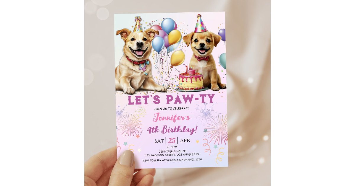 Lets Pawty Puppy Birthday Party Girl 4th Birthday Invitation | Zazzle