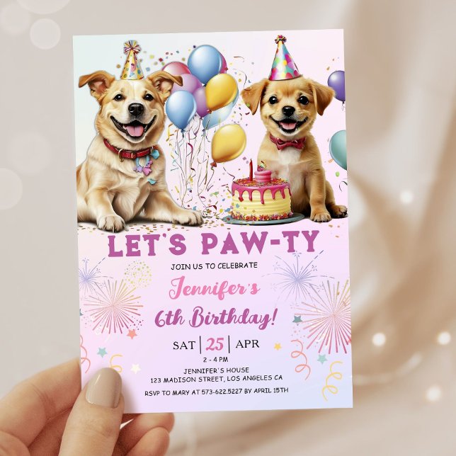 Lets Pawty Puppy Birthday Party Girl 6th Birthday Invitation (Creator Uploaded)