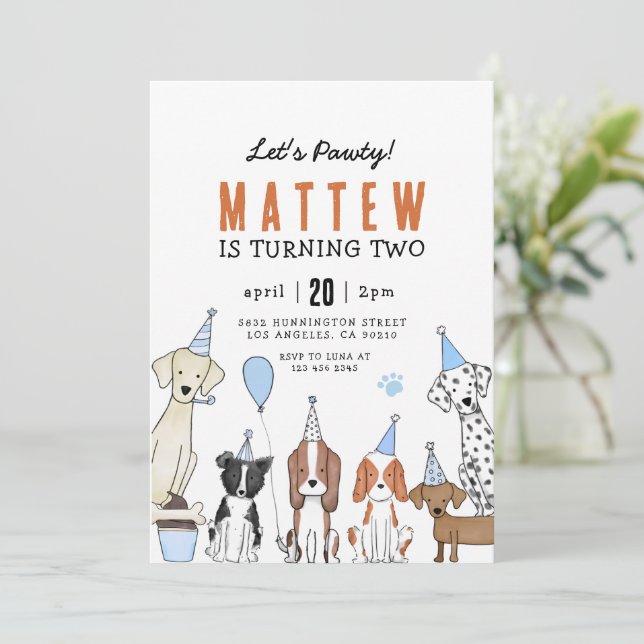Lets Pawty Puppy Pawty Dog Birthday Invitation (Standing Front)