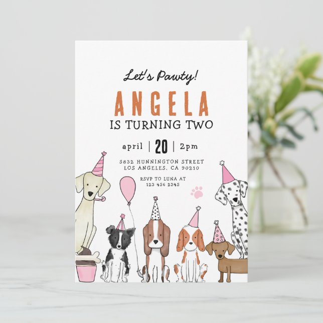 Lets Pawty Puppy Pawty Dog girl Birthday Invitation (Standing Front)