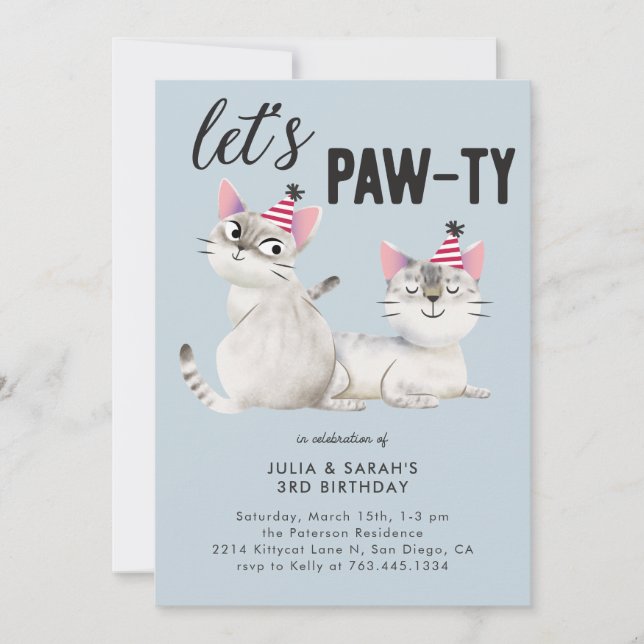 Lets Pawty Twins Joint Cat Theme Birthday Party Invitation (Front)