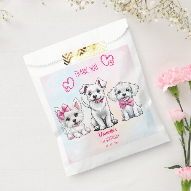 Let's pawty white pink cute puppies birthday favour bags (Sealed)