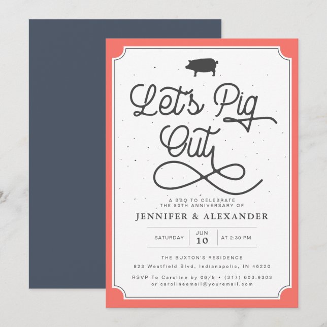 Let's Pig Out Coral Navy BBQ Anniversary Party Invitation (Front/Back)