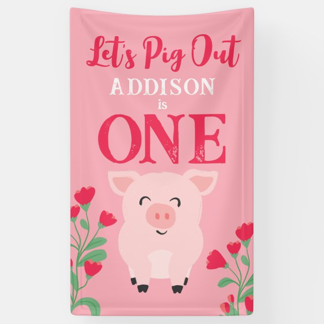 Let's Pig Out Farm Animal Floral Girls Birthday Banner (Vertical)
