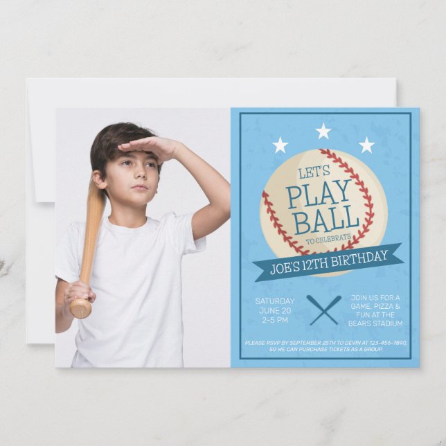 Let's Play Ball Baseball Birthday Photo Invitation (Front)