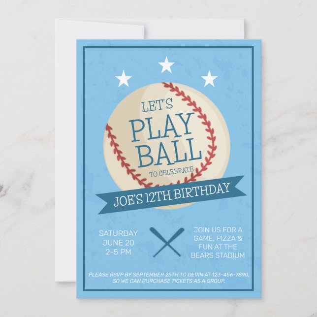 Let's Play Ball Blue Baseball Birthday Invitation (Front)