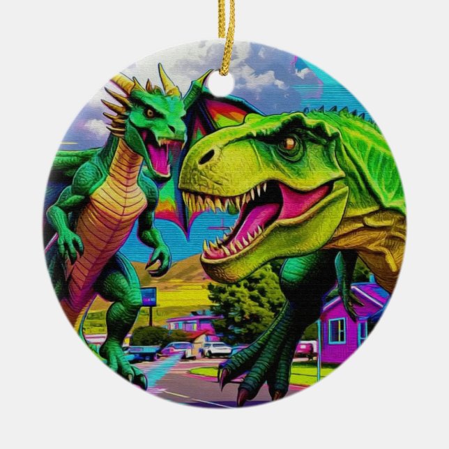 Lets Play - Green Dragon and Dinosaur Ceramic Tree Decoration (Front)