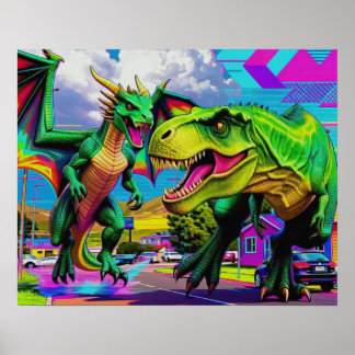 Lets Play - Green Dragon and Dinosaur Poster