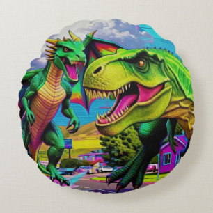 Lets Play - Green Dragon and Dinosaur Round Cushion