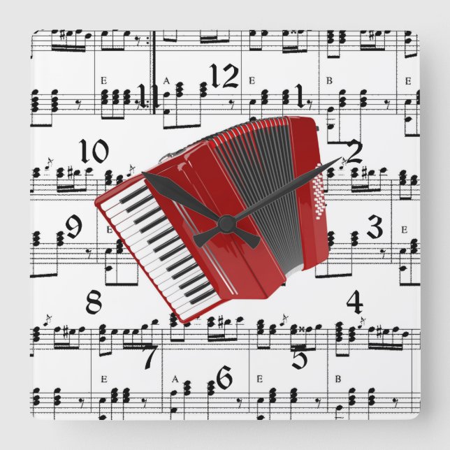 Let's Polka, red accordion on sheet music, Square Wall Clock (Front)