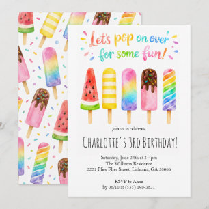 Let's Pop On Over Watercolor Popsicles Birthday Invitation