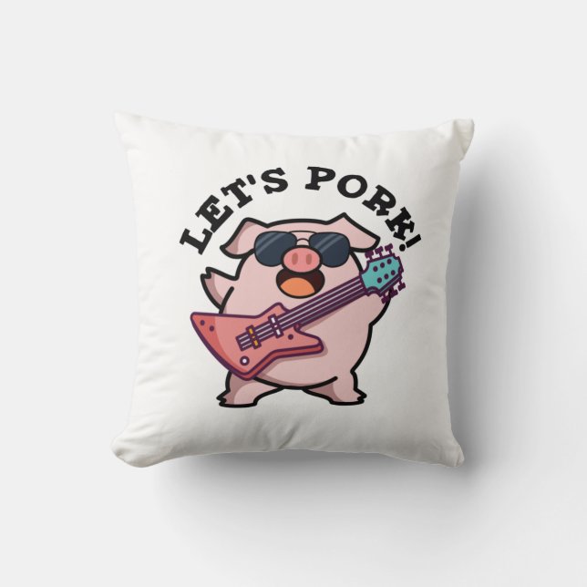 Let's Pork Funny Rock Guitar Pig Pun Cushion (Front)