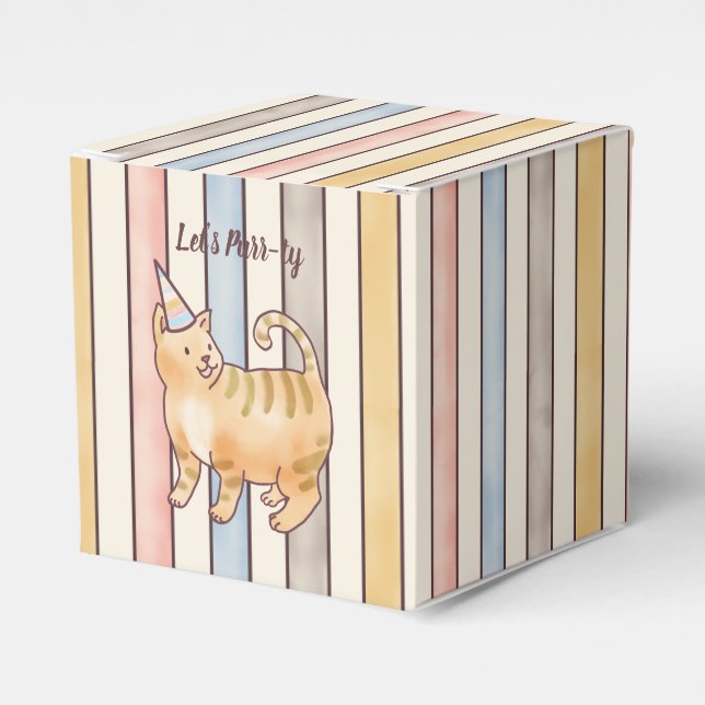 Lets Purr-ty Cat, Pink, Yellow and Blue Stripes  Favour Box (Front Side)
