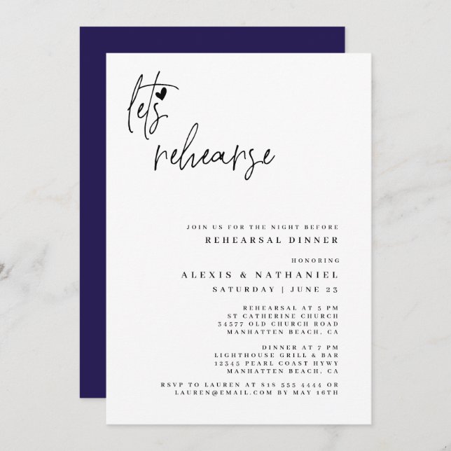 Let's Rehearse The Night Before Navy Blue Invitation (Front/Back)