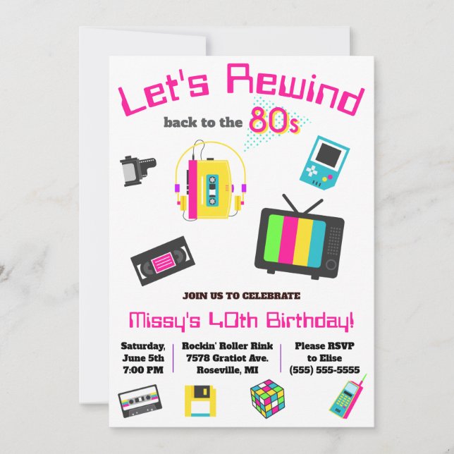 Let's Rewind Back to the 80's Birthday Party Invitation (Front)