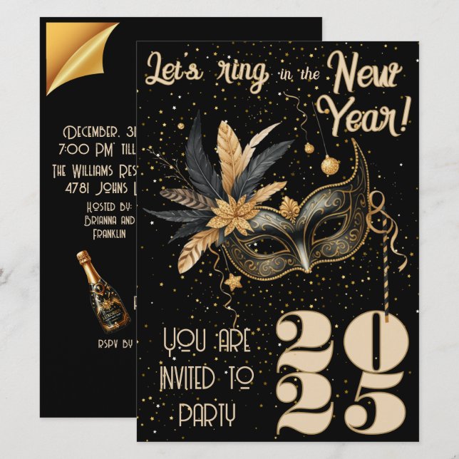 Let's ring in the New Year party Glamourous Black Invitation (Front/Back)