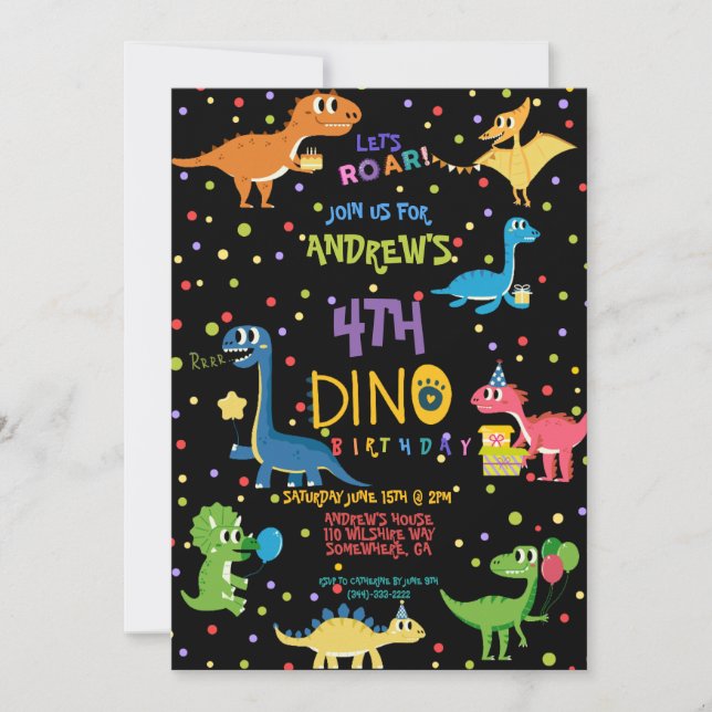 LET'S ROAR Colourful and Cute Dinosaur Birthday Invitation (Front)