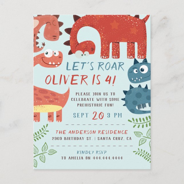 Let's Roar Dino Children's Birthday Party Invitation Postcard (Front)